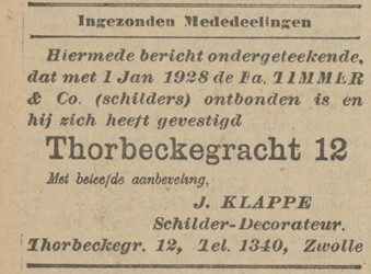 <p>In 1928 vestigde schilder-decorateur J. Klappe zich in het pand. Daarvoor heeft het huis de fa. Timmer & Co gehuisvest (www.delpher.nl). </p>
